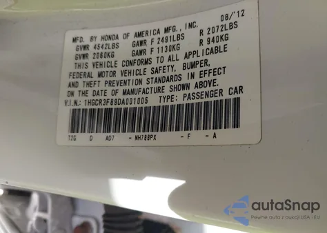 2013 Honda Accord Ex-L V-6 z USA, uszkodzony, nr VIN 1HGCR3F89DA001005